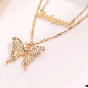 2pcs rhinestone butterfly decor charm necklace